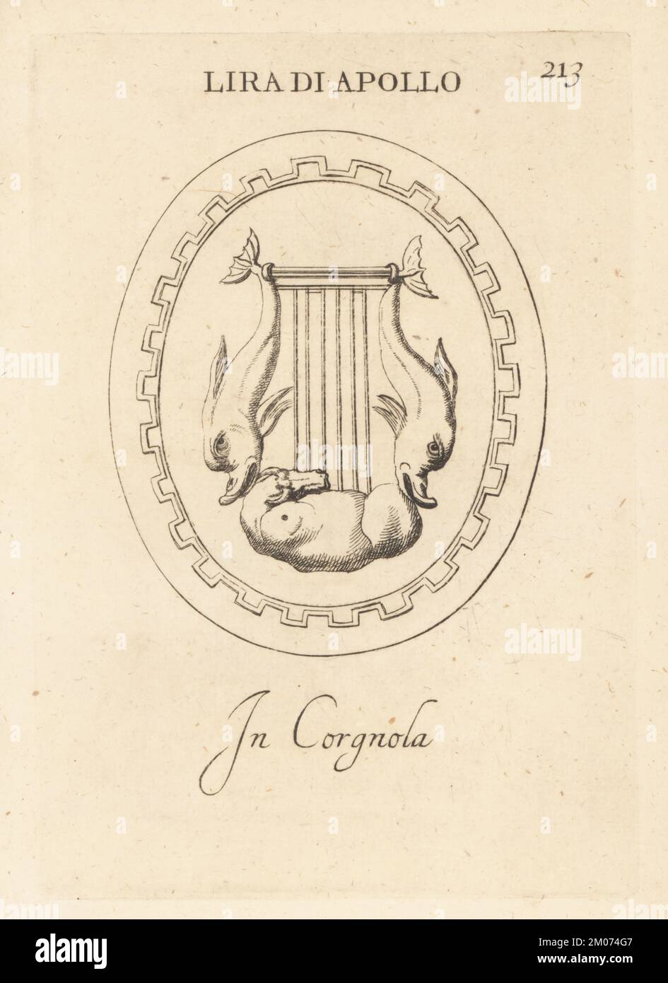 Lyre des griechischen gottes Apollo in Cornelian. Mit zwei Delfinen, seinem heiligen Tier, für Seiten und einem Stier als Basis. Lira di Apollo in Corgnola. Kupferplatten-Gravur von Giovanni Battista Galestruzzi nach Leonardo Agostini aus Gemmae et Sculpturae Antiquae Depicti ab Leonardo Augustino Senesi, Abraham Blooteling, Amsterdam, 1685. Stockfoto