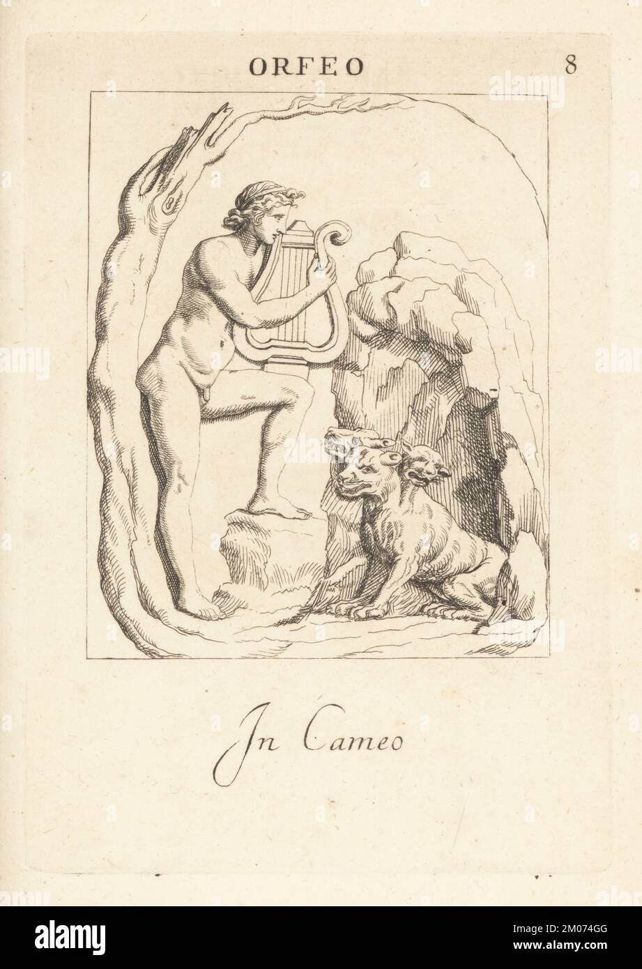 Orpheus spielt Musik auf seiner Lyre für den dreiköpfigen Wachhund Cerberus am Eingang zum Hades. Orfeo in Cameo. Kupferplatten-Gravur von Giovanni Battista Galestruzzi nach Leonardo Agostini aus Gemmae et Sculpturae Antiquae Depicti ab Leonardo Augustino Senesi, Abraham Blooteling, Amsterdam, 1685. Stockfoto