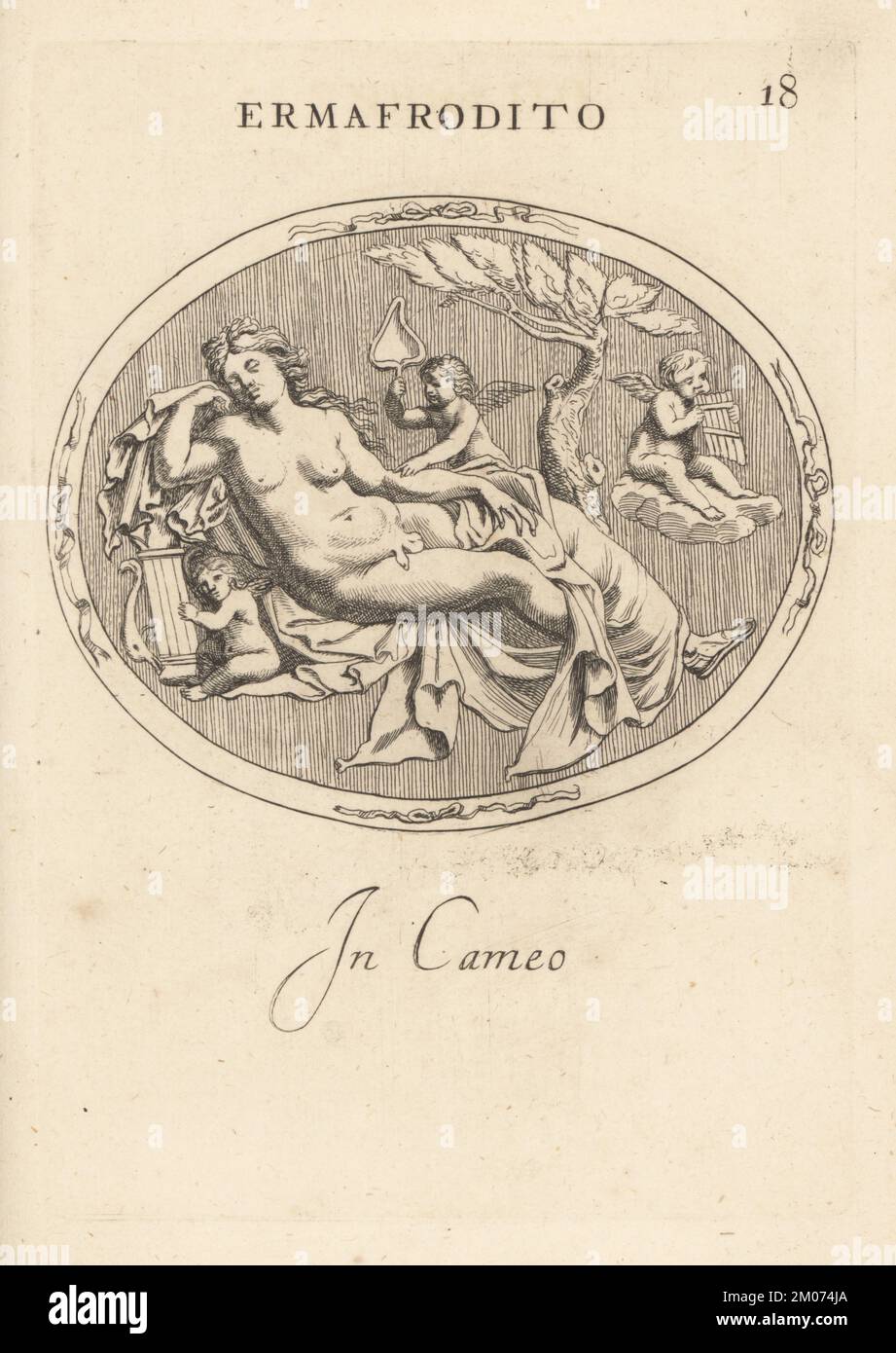 Hermaphrodite, die sich zurücklehnt wie Venus mit Amiden, die Musik auf Lyre und syringa oder Pfannenpfeifen spielen und sie mit einem Blatt anfeuern. Ermafrodito in Cameo. Kupferplatten-Gravur von Giovanni Battista Galestruzzi nach Leonardo Agostini aus Gemmae et Sculpturae Antiquae Depicti ab Leonardo Augustino Senesi, Abraham Blooteling, Amsterdam, 1685. Stockfoto