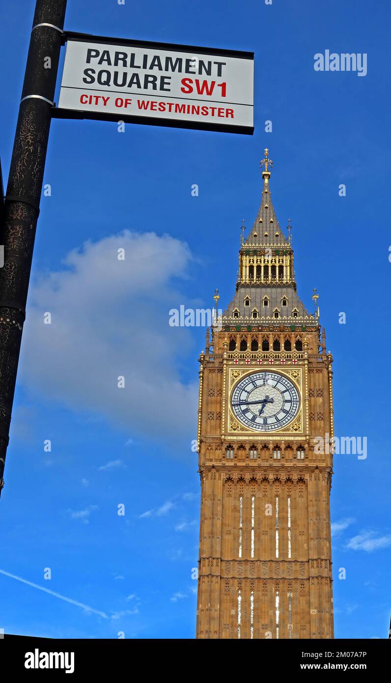 Parliament Square Schild, City of Westminster SW1, Big Ben Uhr of the UK Houses of parliament, London, England, UK SW1 Stockfoto
