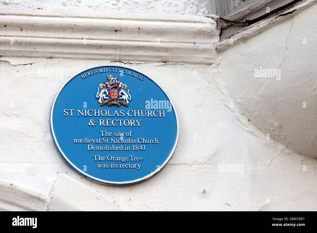 Hereford City Council, St. Nikolaus Kirche blaue Plakette im Orange Tree Pub, mittelalterliche St. Nikolaus Kirche, abgerissen 1841 Stockfoto