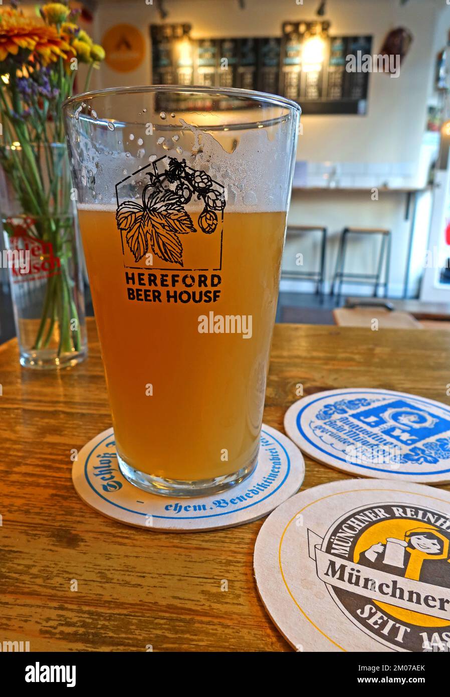 Pint-Gläser im Hereford Beer House, Hereford Beer House 65 West Street Hereford, England, Großbritannien, HR4 0BX - Strong Trübler IPA Stockfoto