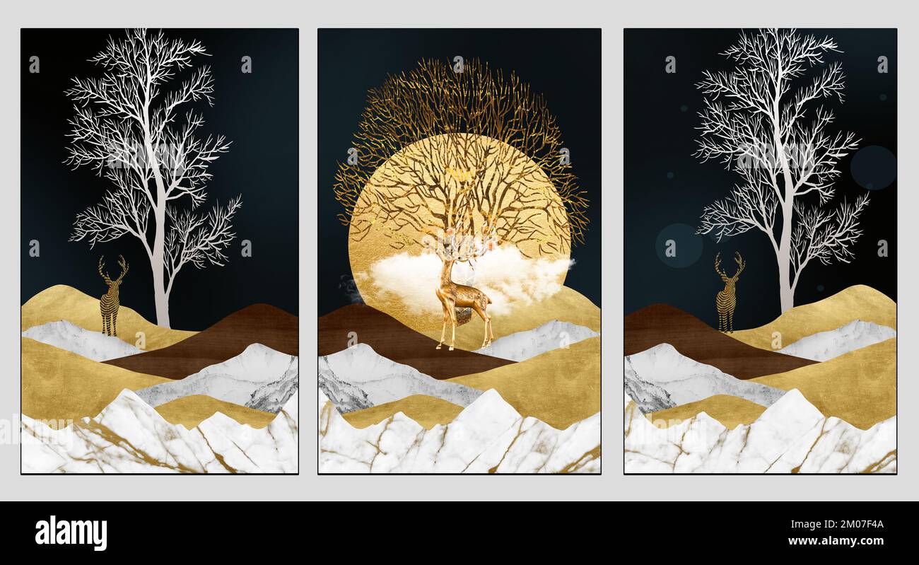 3 Wandrahmen Leinwand Art. Weihnachtsbäume, Hirschmarmorberge und ein goldener Mond im dunklen landschaftshintergrund der 3D jahre Stockfoto