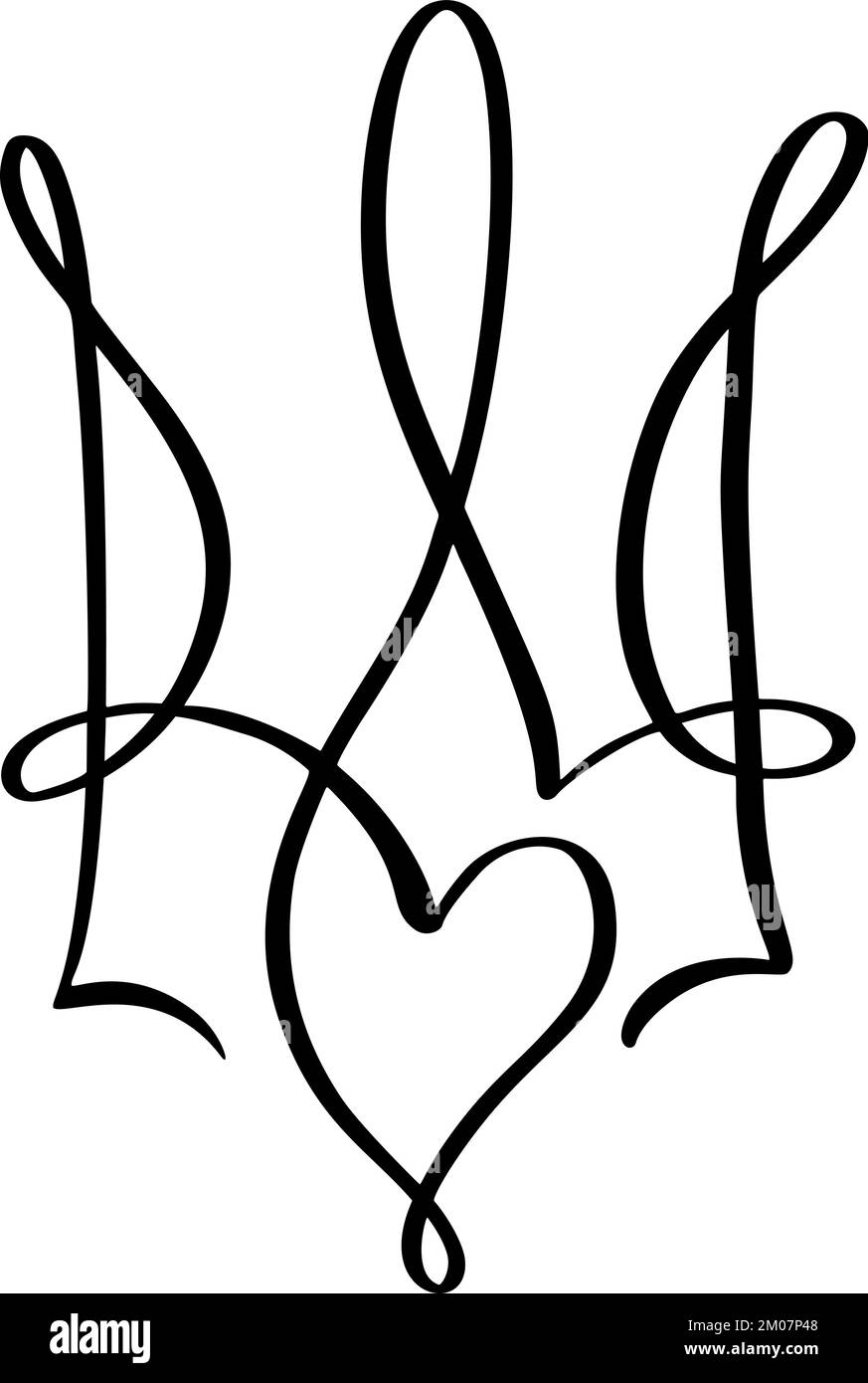 Nationales ukrainisches Symbol Dreizack-Ikone mit Herzliebe. Vektor Hand gezeichnete Kalligraphie Wappen der Ukraine Staatswappen schwarze Farbe Illustration Stock Vektor