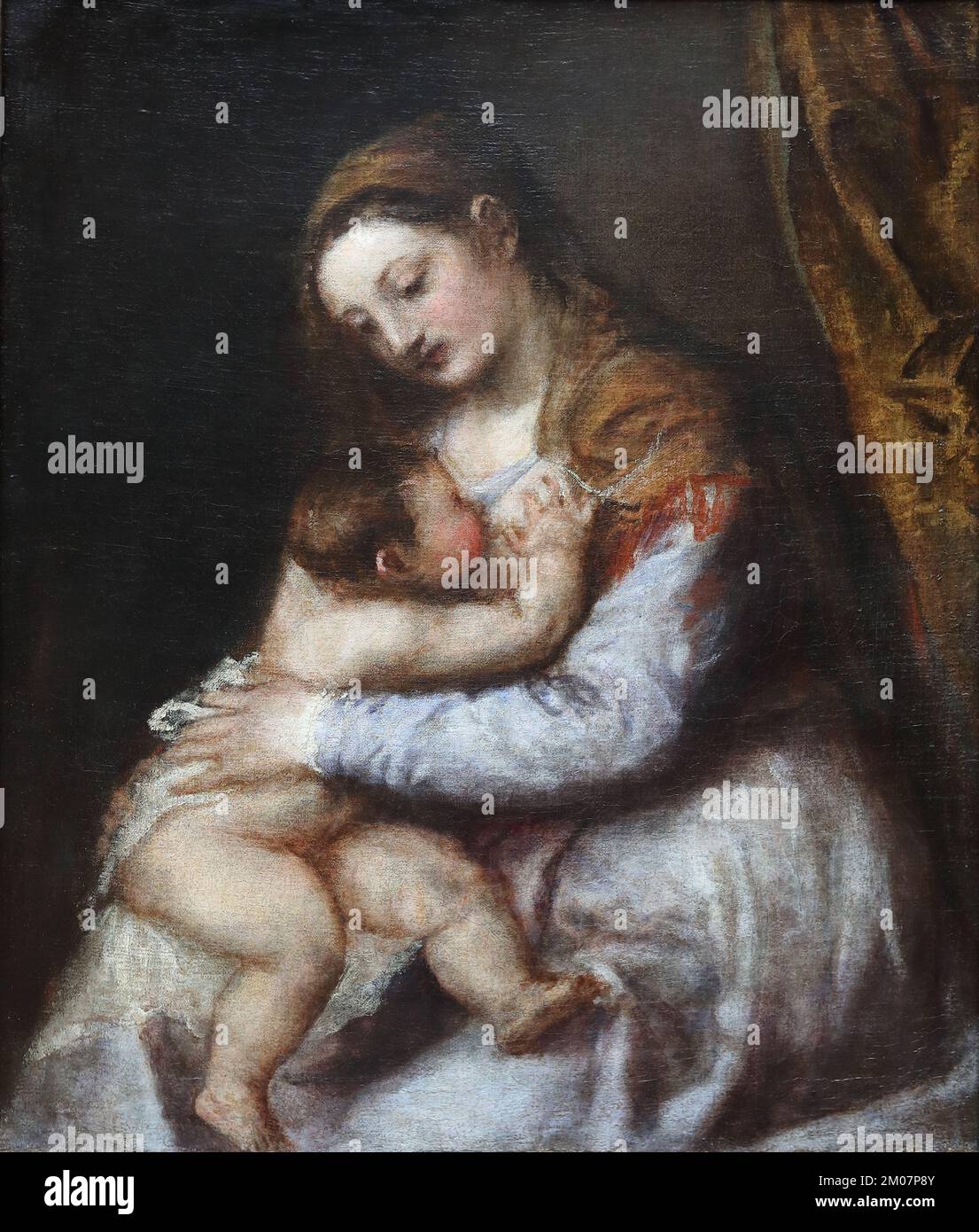 The Virgin Suckling the Infant Christ vom italienischen Renaissance-Maler Tizian in der National Gallery, London, Großbritannien Stockfoto