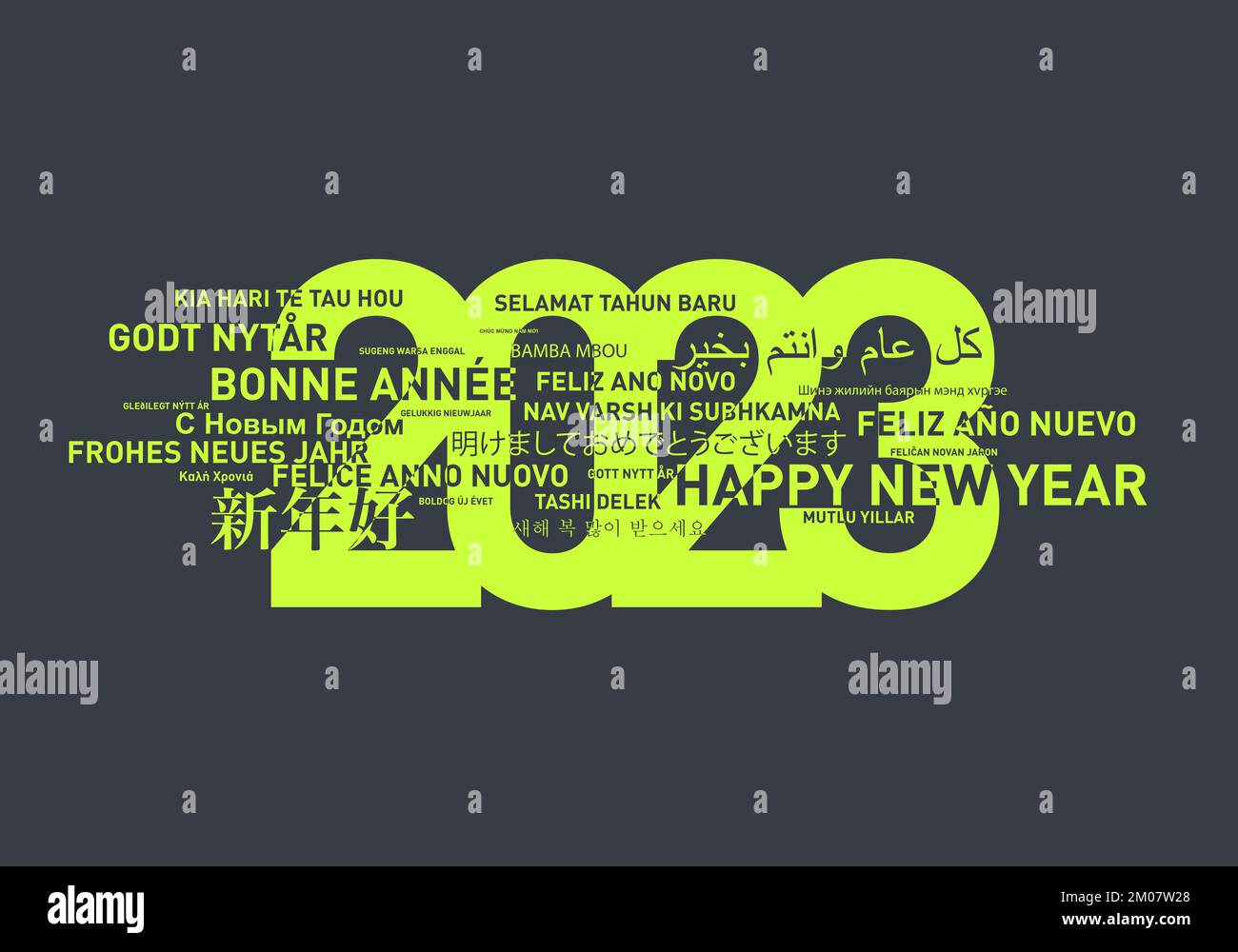 Frohes neues Jahr 2023 Karte aus der Welt in verschiedenen Sprachen. Grüner und grauer Hintergrund Stockfoto