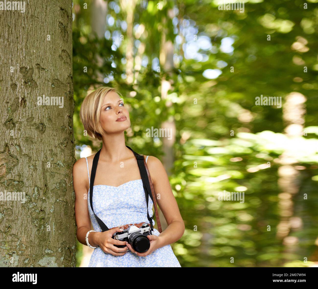 In Ehrfurcht vor der Welt um sie herum. Eine attraktive junge Frau, die draußen im Wald fotografiert. Stockfoto