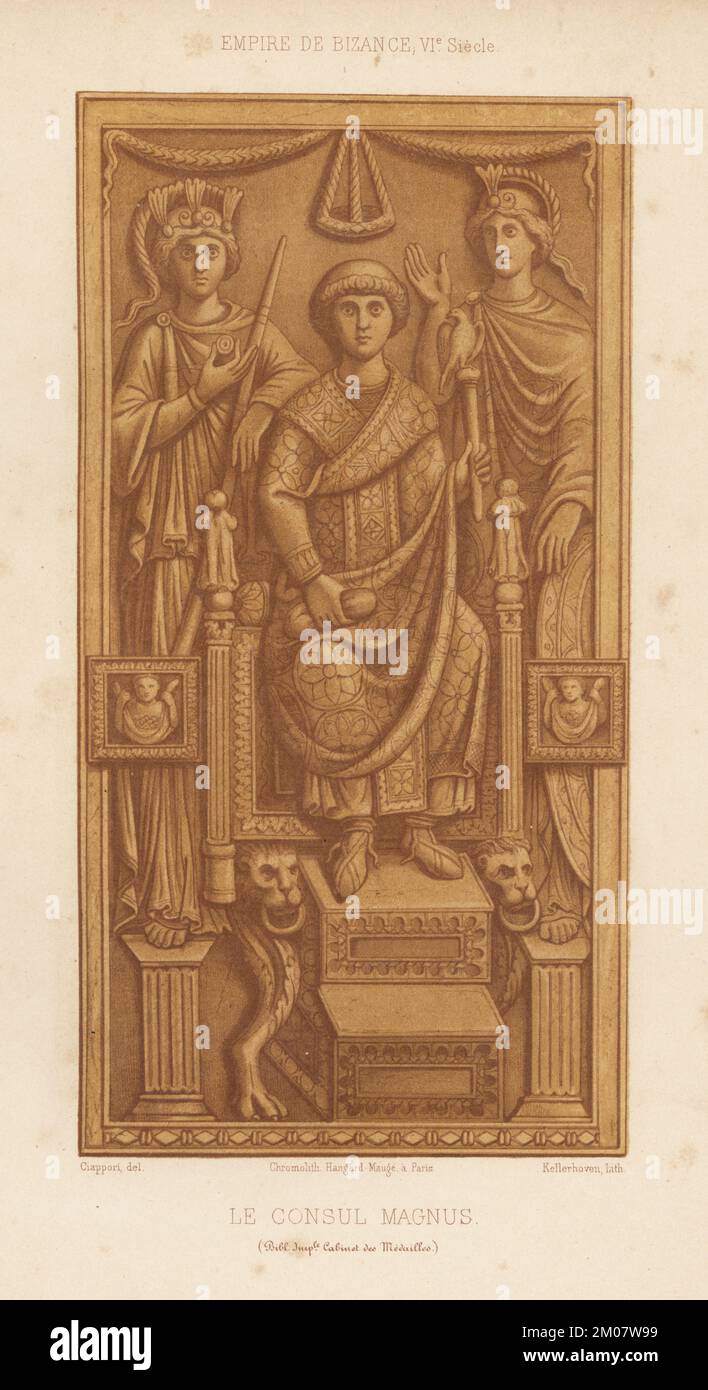 Flavius Magnus, römischer Senator von Narbo, späterer Konsul von Rom, c.390-475. Byzantinisches Reich, 5.. Jahrhundert. Le Consul Magnus. Empire de Bizance, Ve Siecle. Kabinett des Medailles, Bibliotheque Imperiale. Chromolithograph von Franz Kellerhoven nach einer Illustration von Claudius Joseph Ciappori aus Charles Louandres Les Arts Somptuaires, The Sumptuary Arts, Hangard-Mauge, Paris, 1858. Stockfoto