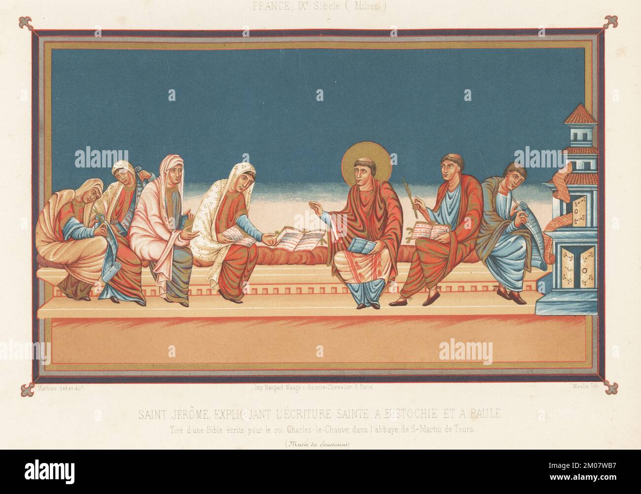 Der Heilige Jerome zeigt Paula und Eustochia die heiligen Schriften. Heiliger Jerome in Heiligenschein, trägt den Keule, Rochet und die Tunika eines Kanons. Paula in einem langen Schleier, der ein gebundenes Buch ansieht. Schreiber machen sich Notizen mit einem Kugelschreiber auf Schriftrollen. Alle sitzen auf einer langen Bank. St. Jerome Expliquant l'ecriture sainte a Eustoche et a Paule, IXe siecle. Aus dem Manuskript Vivien Bibel, geschrieben in der Abtei Saint-Martin de Tours, MS Latin 1, Musée des Souverains, Louvre. Chromolithograph von Moulin nach einer Illustration von Mathieu aus Charles Louandres Les Arts Somptuaires, The Sumptuary Arts, Hangard-Mauge, Stockfoto