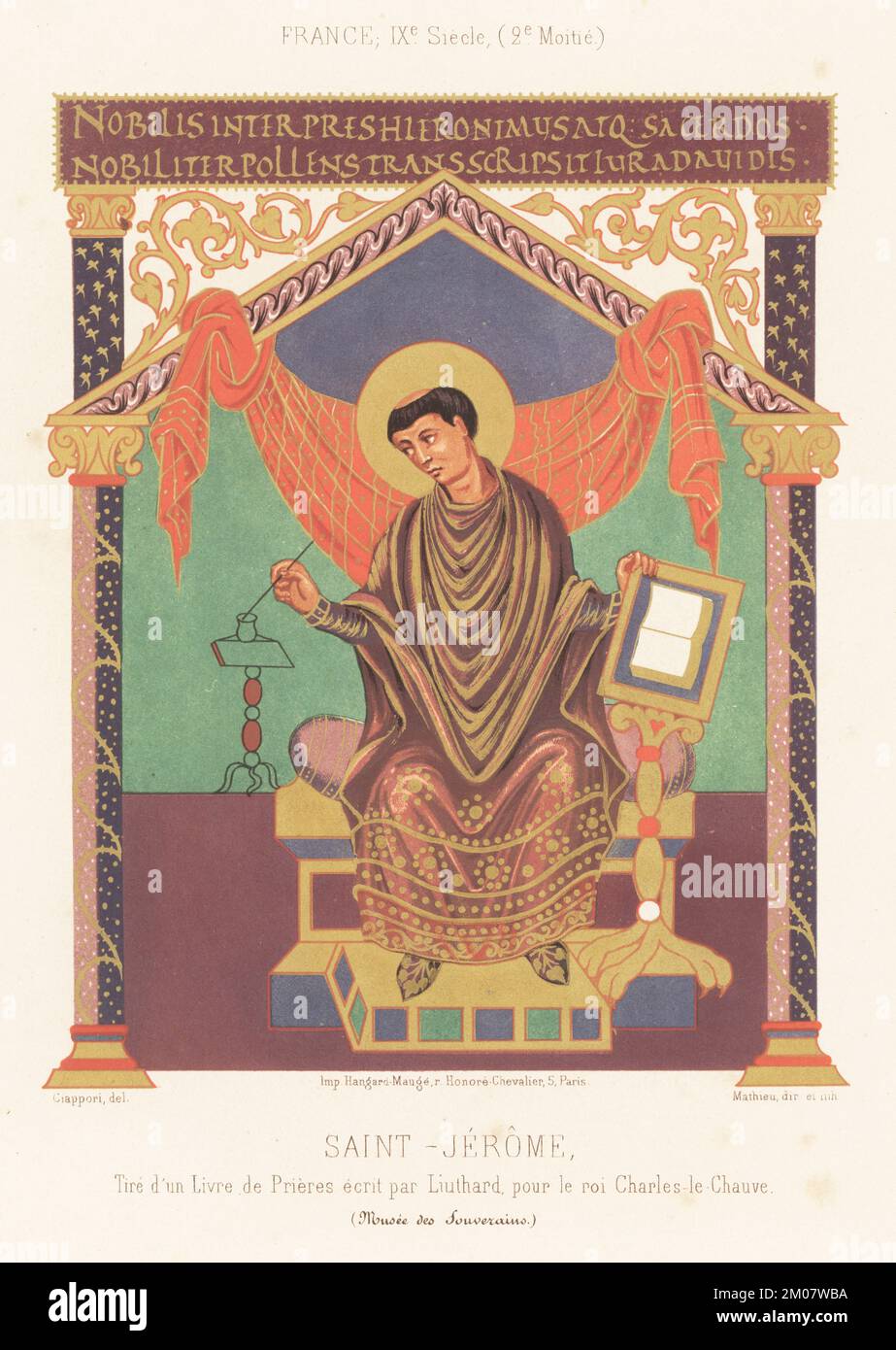 St. Jerome, Frankreich, Ende des 9.. Jahrhunderts. In Keule und Tunika, auf einem Thron mit Federstift und Tintenfass, Buch auf einem Rednerpult. Saint-Jerome, Frankreich, IXe Siecle. Aus dem Psalter von Charles the bald, Psautier de Charles le Chauve, MS Latin 1152, fol. 4R, kopiert von Liuthard, Musée des Souverains. Chromolithograph von Mathieu nach einer Illustration von Claudius Joseph Ciappori aus Charles Louandres Les Arts Somptuaires, The Sumptuary Arts, Hangard-Mauge, Paris, 1858. Stockfoto