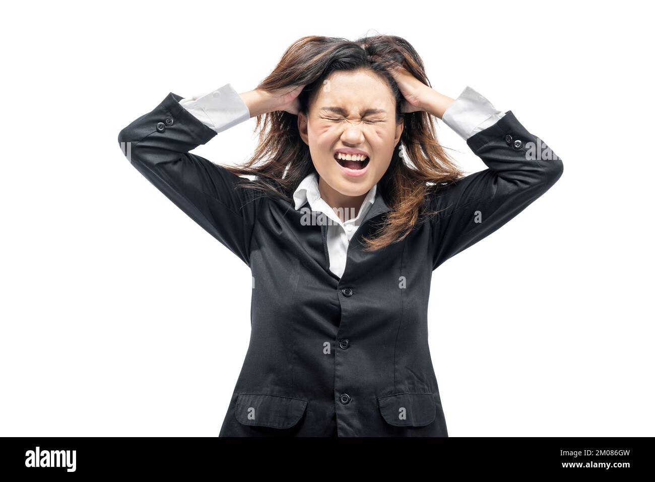Asiatische Geschäftsfrau mit frustriertem Ausdruck isoliert vor weißem Hintergrund Stockfoto