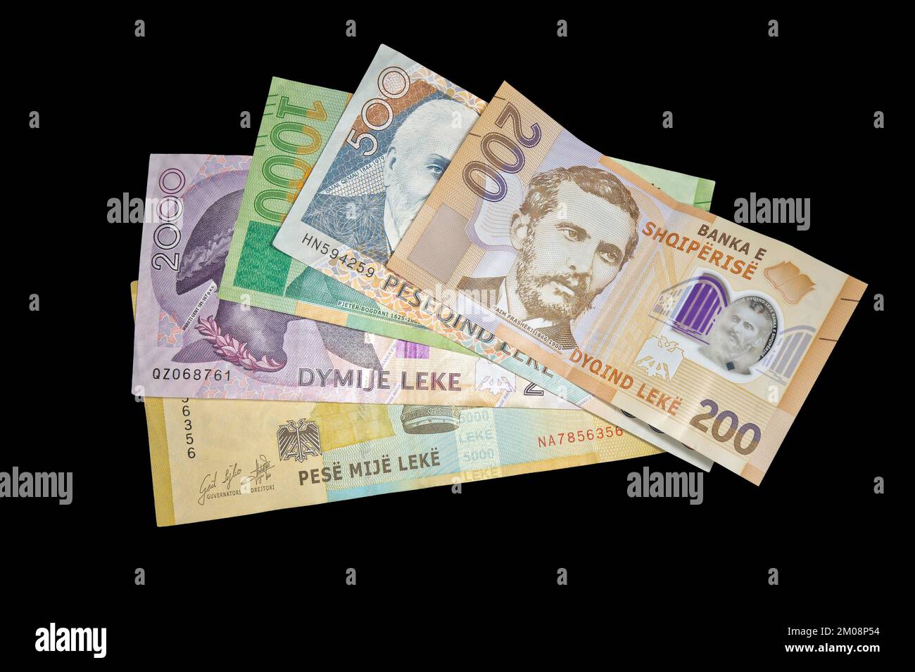 Lek, Banknoten der albanischen Währung in 200-, 500-, 1000-, 2000- und 5000-Banknoten, Albanien, Europa Stockfoto