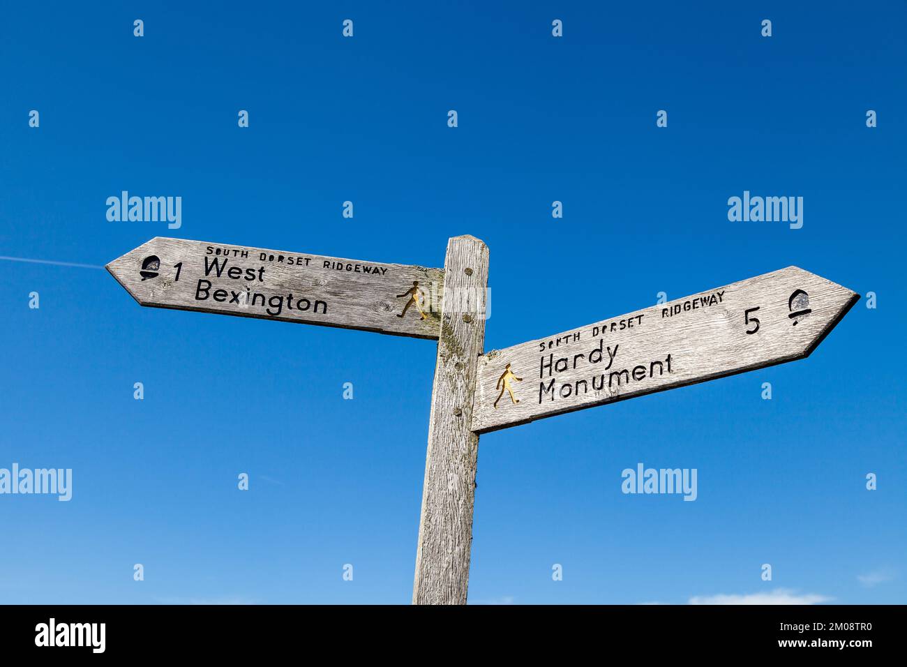 Ein hölzerner Wegweiser entlang des South Dorset Ridgeway, der auf West Bexington und das Hardy Monument zeigt Stockfoto