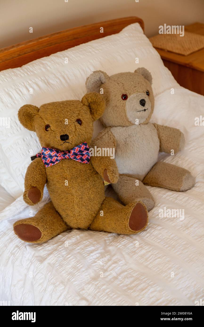 Zwei Teddybären, die auf einem Bett sitzen Stockfoto