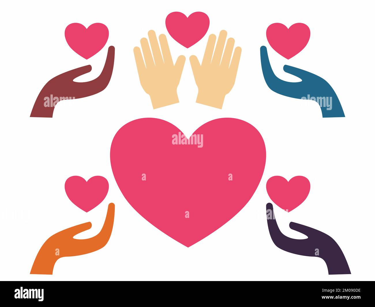 Wohltätigkeitsorganisation. Menschen verschiedener ethnischer Gruppen, die Spenden und Teilen. Wohltätigkeitsorganisation. Stockfoto