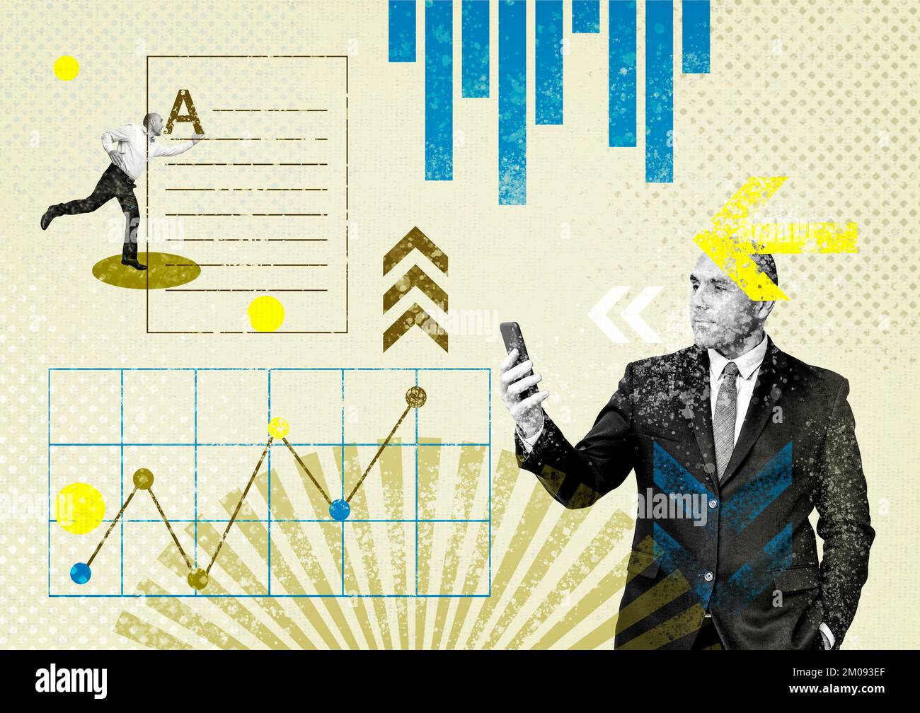 Ein Geschäftsmann arbeitet mit dem Telefon und der Analyse von Diagrammdaten Stockfoto