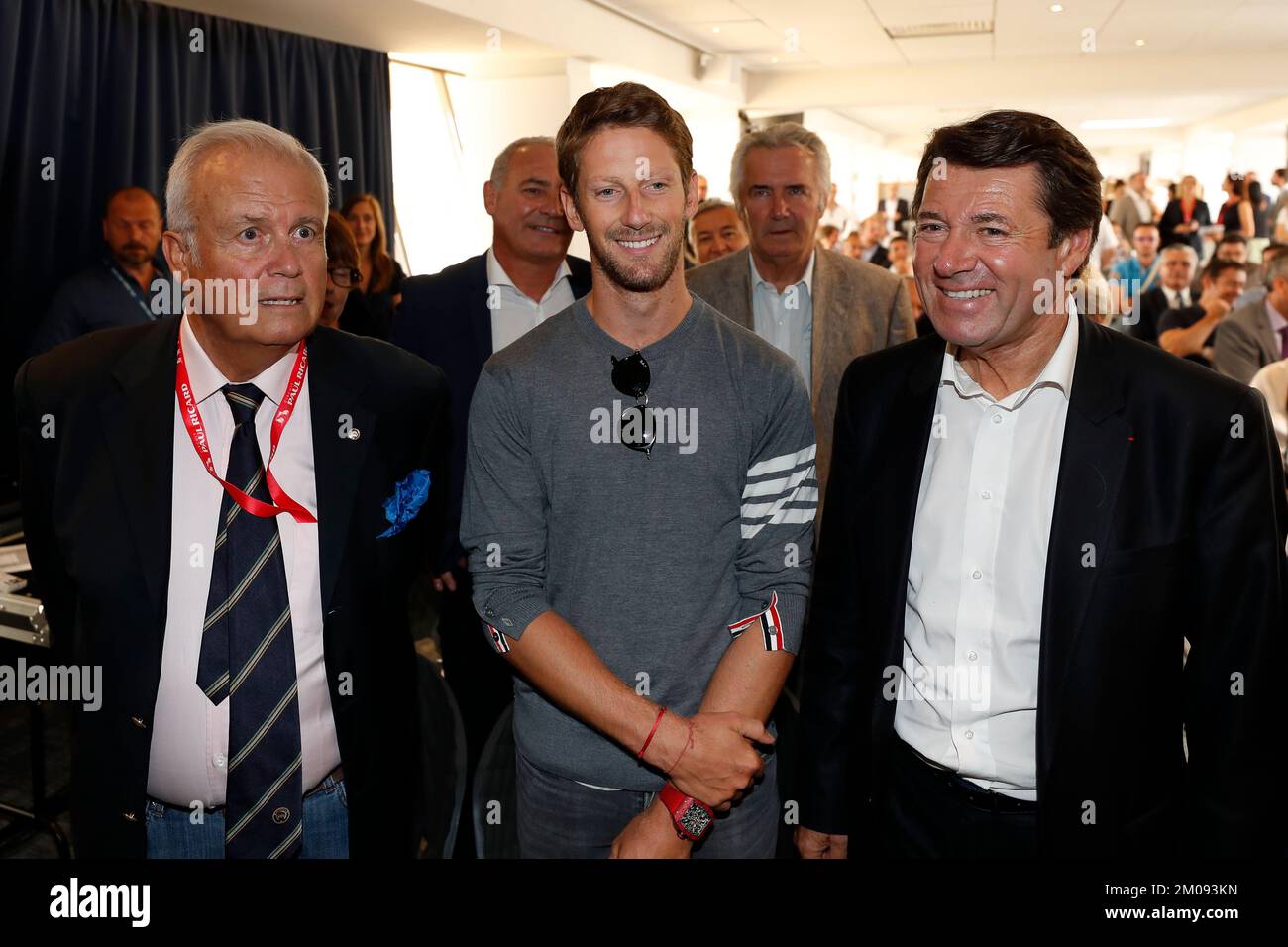 Patrick Tambay, Romain Grosjean Driver Haas F1 Team, Christian Estrosi Maire de Nice City, Ambiance Portrait, während der Pressekonferenz GP France F1 in Le Castellet France, september 6 2017 - Photo Marc de Mattia / DPPI Stockfoto