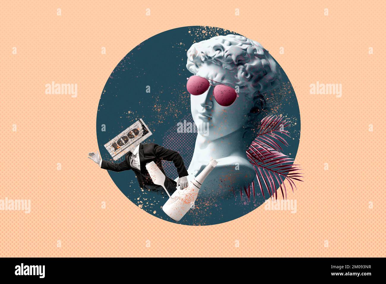 Kreative Collage mit Statue des David-Geschäftsmannes und Alkohol Stockfoto