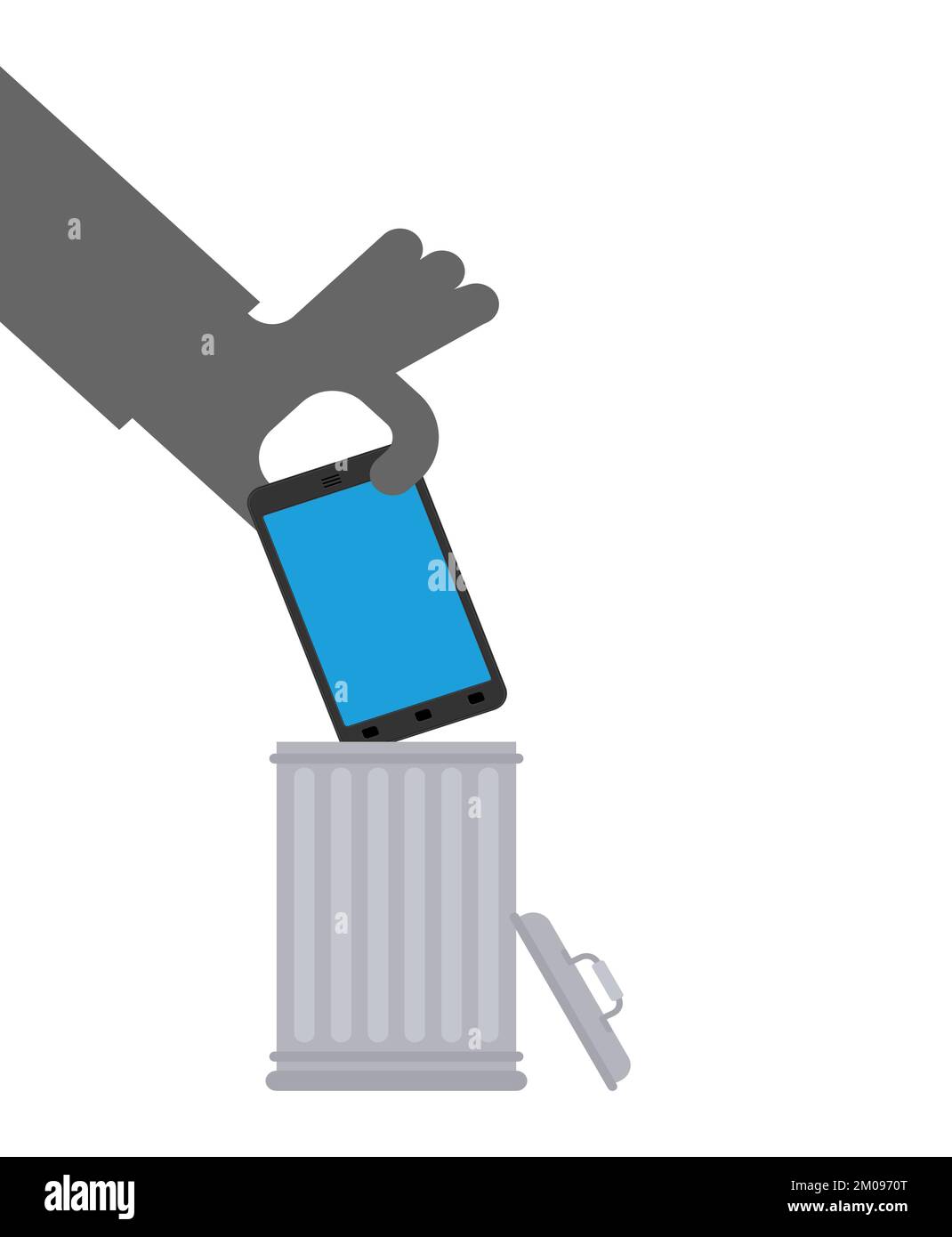 Wirf dein Smartphone in den Müll. Die Hand wirft das Telefon in den Mülleimer. Stock Vektor