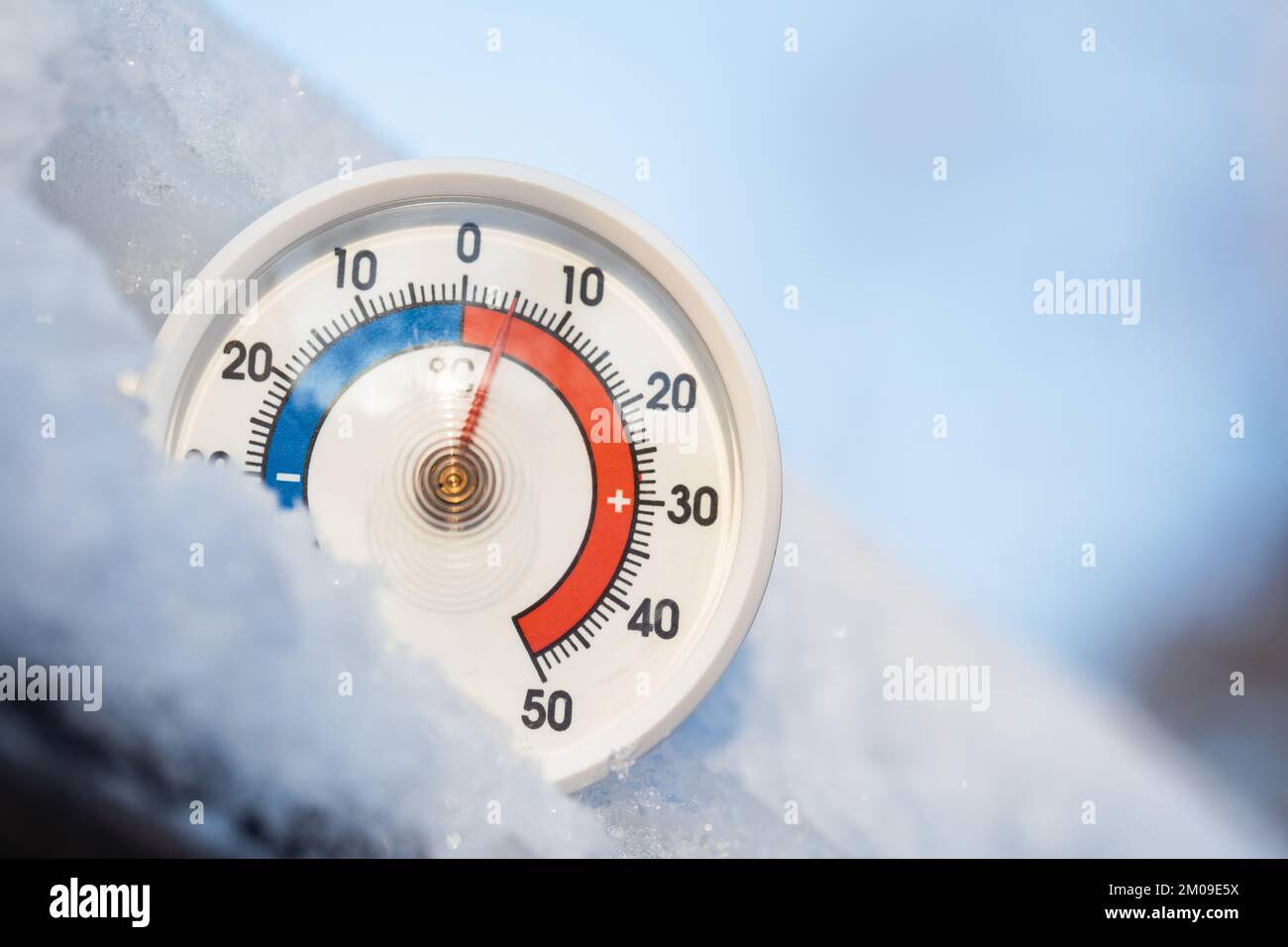 Thermometer mit celsius-Skala im Schnee plus 5 Grad Umgebungstemperatur. Ungewöhnlich hohe Winterbedingungen. Warmes Winterwetter und warmes Klima Stockfoto