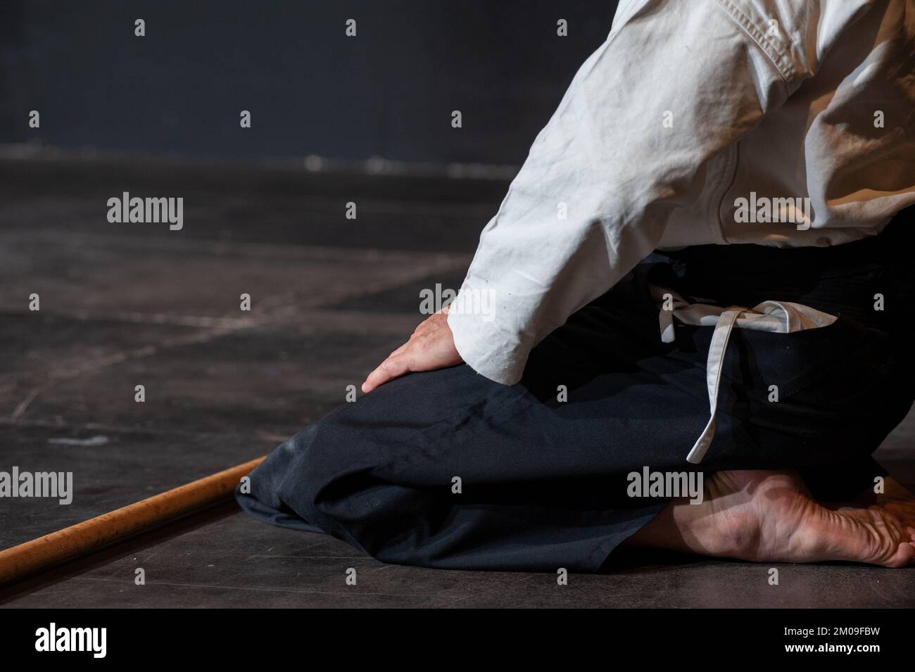 Schwarzer Gürtel Aikido Meister in Seiza traditionelle Sitzen. Stockfoto