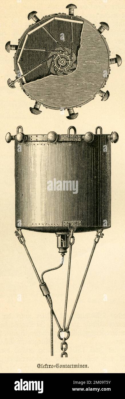 Elektro- Kontaktmine , Motiv aus : der Stein der Weisen - Unterhaltung und Belehrung aus allen Gebieten des Wissens für Haus und Familie , Redaktion von Amand Freiherr von Schweiger-Lerchenfeld, 7. Band, A. Hartleben´s Verlag, Wien, Pest, Leipzig, Ca. 1890er Jahre . / Electro contact mine , image from : der Stein der Weisen , Unterhaltung und Belehrung aus allen Gebieten des Wissens für Haus und Familie ( Entertainment and Knowledge from all themes of Knowledge for Home and family ) , Herausgeber Armand Freiherr von Schweiger-Lerchenfeld, 7. Ausgabe, A. Hartleben's Verlag, Wien, Pest, Stockfoto