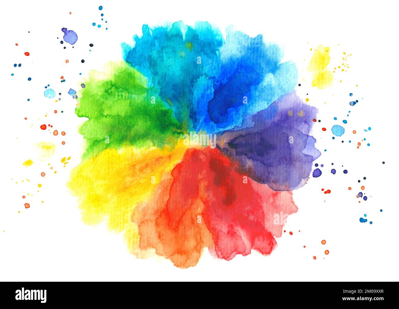 Farbenfrohes Aquarell abstrakter Hintergrund im Regenbogenstil in Form einer Blume mit Spritzer. Isoliert auf weißem Hintergrund. Stockfoto