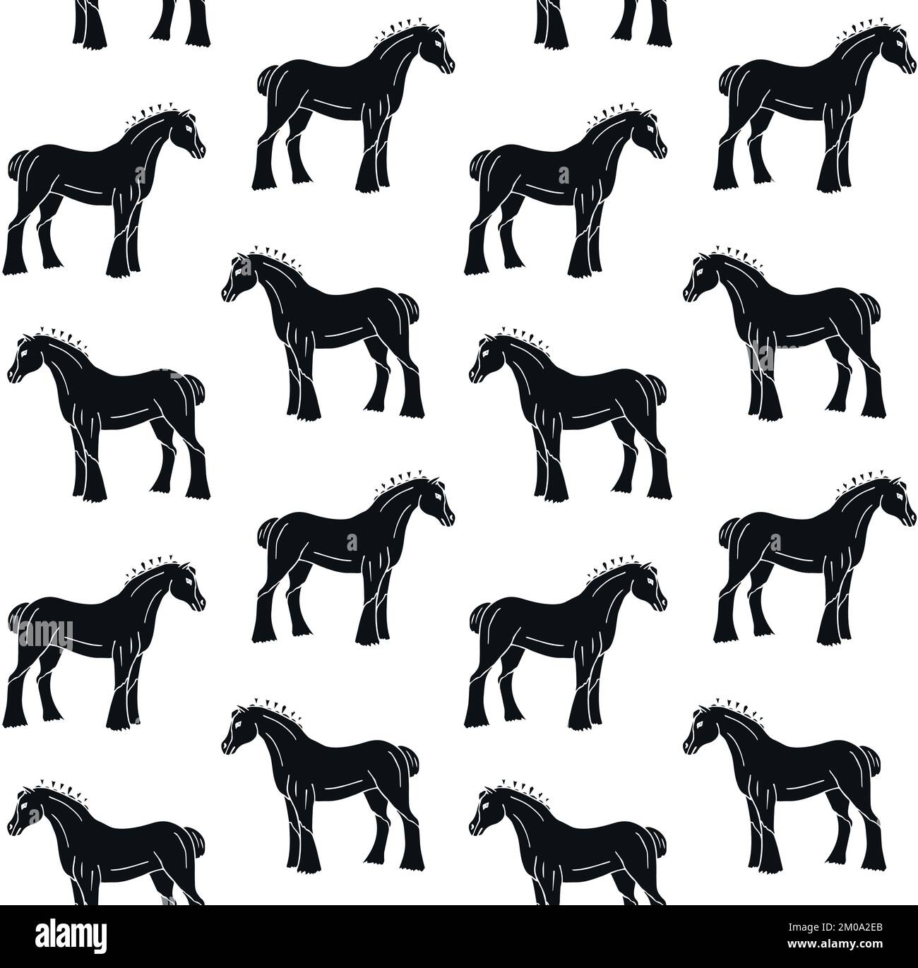 Vektornahtloses Muster eines handgezeichneten Doodle Sketch Black-Göring-Pferdes, isoliert auf weißem Hintergrund Stock Vektor Vektornahtloses Muster eines handgezeichneten Doodle Sketch Black-Göring-Pferdes, isoliert auf weißem Hintergrund Stock Vektor