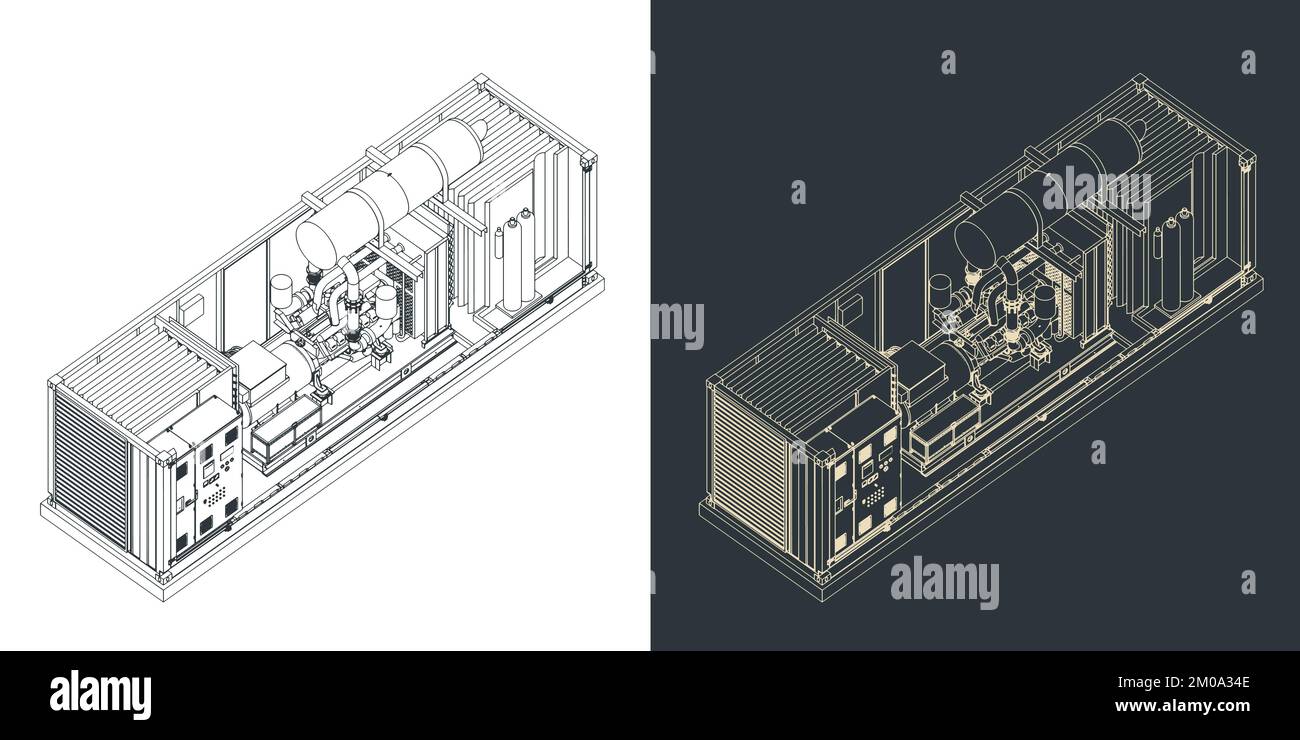 Isometrische Zeichnungen der Struktur des Containergenerators Stock Vektor
