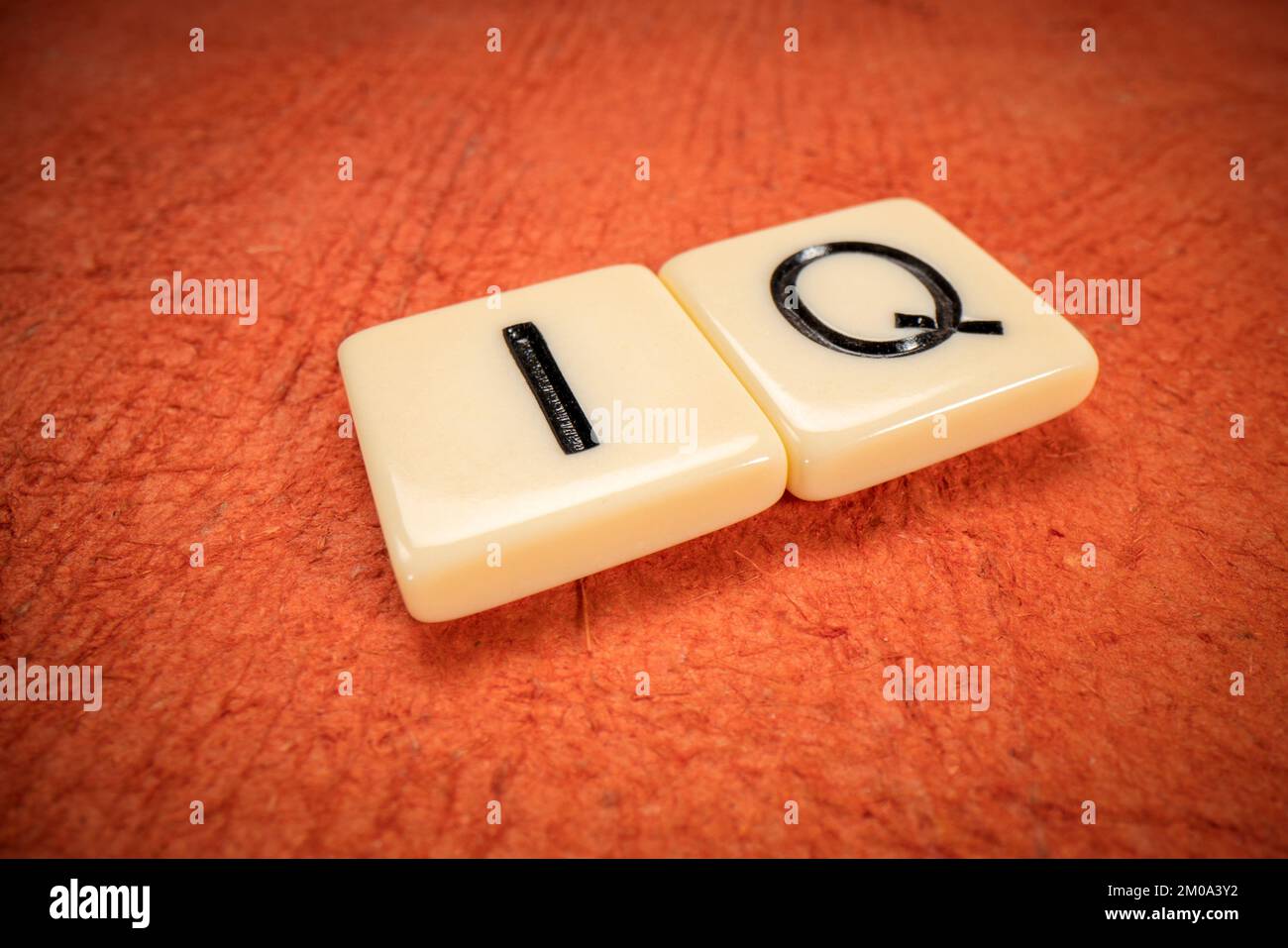 IQ-Intelligenz-Quotient-Symbol in elfenbeinfarbenen Fliesen gegen strukturiertes Rindenpapier, Makroshot Stockfoto
