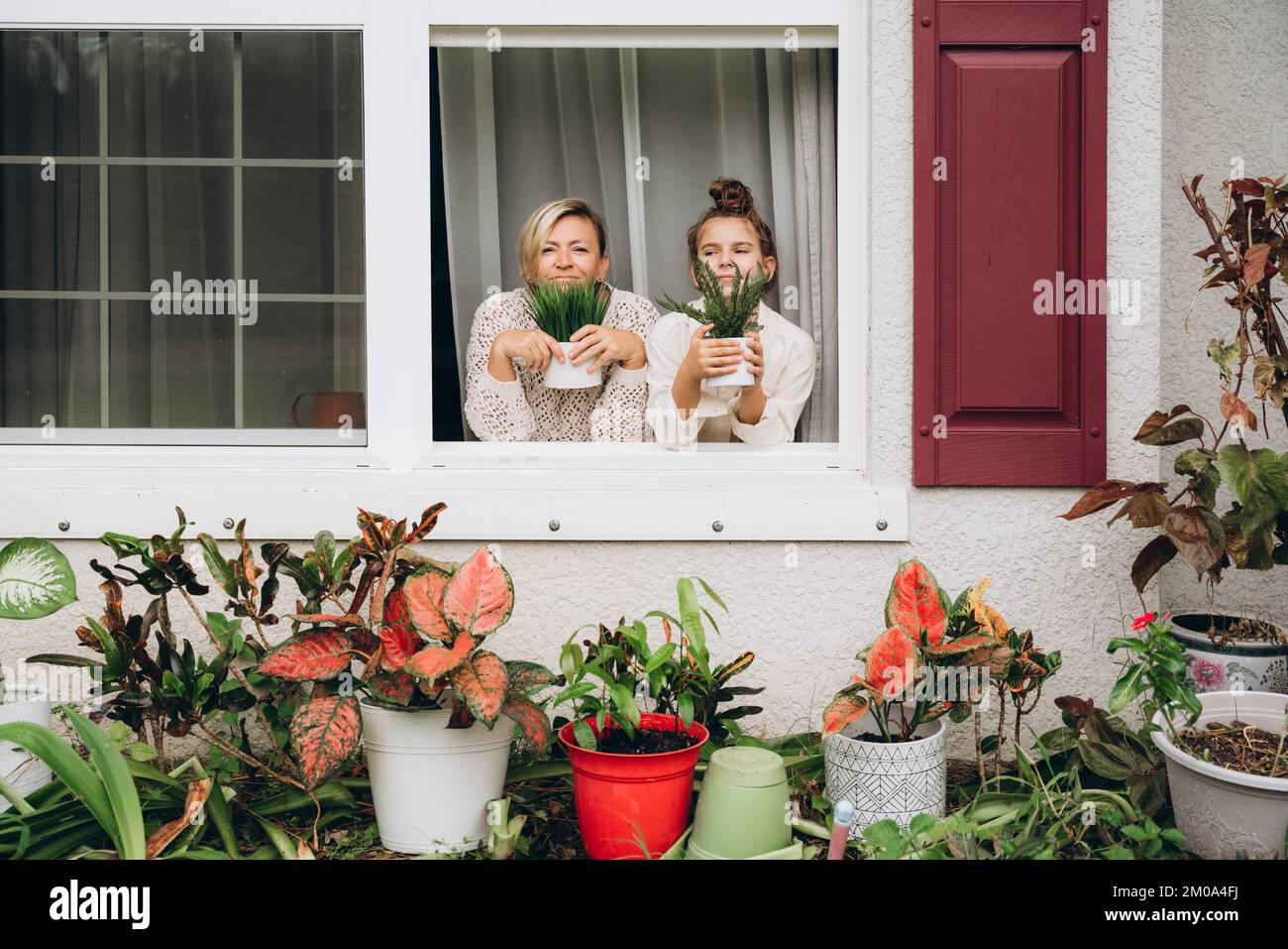 Lächelnde Mutter und Tochter im Fenster mit Blick in den Garten Stockfoto