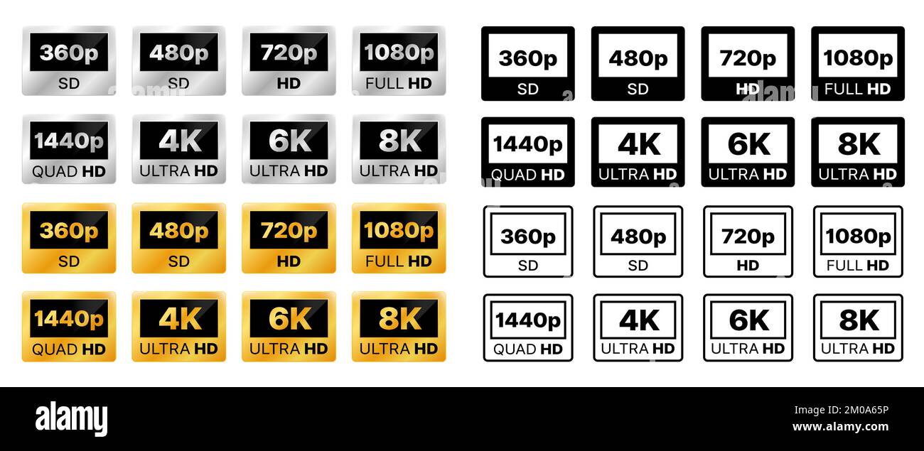 Symbole für die Videoauflösung. Anzeige, Monitor oder TV Definition silberne und goldene Etiketten, Badges, Medienqualitätsformat und 1080p, 4K, Ultra HD Videoauflösung und Größensymbole, monochrome Symbole oder Schilder Stock Vektor