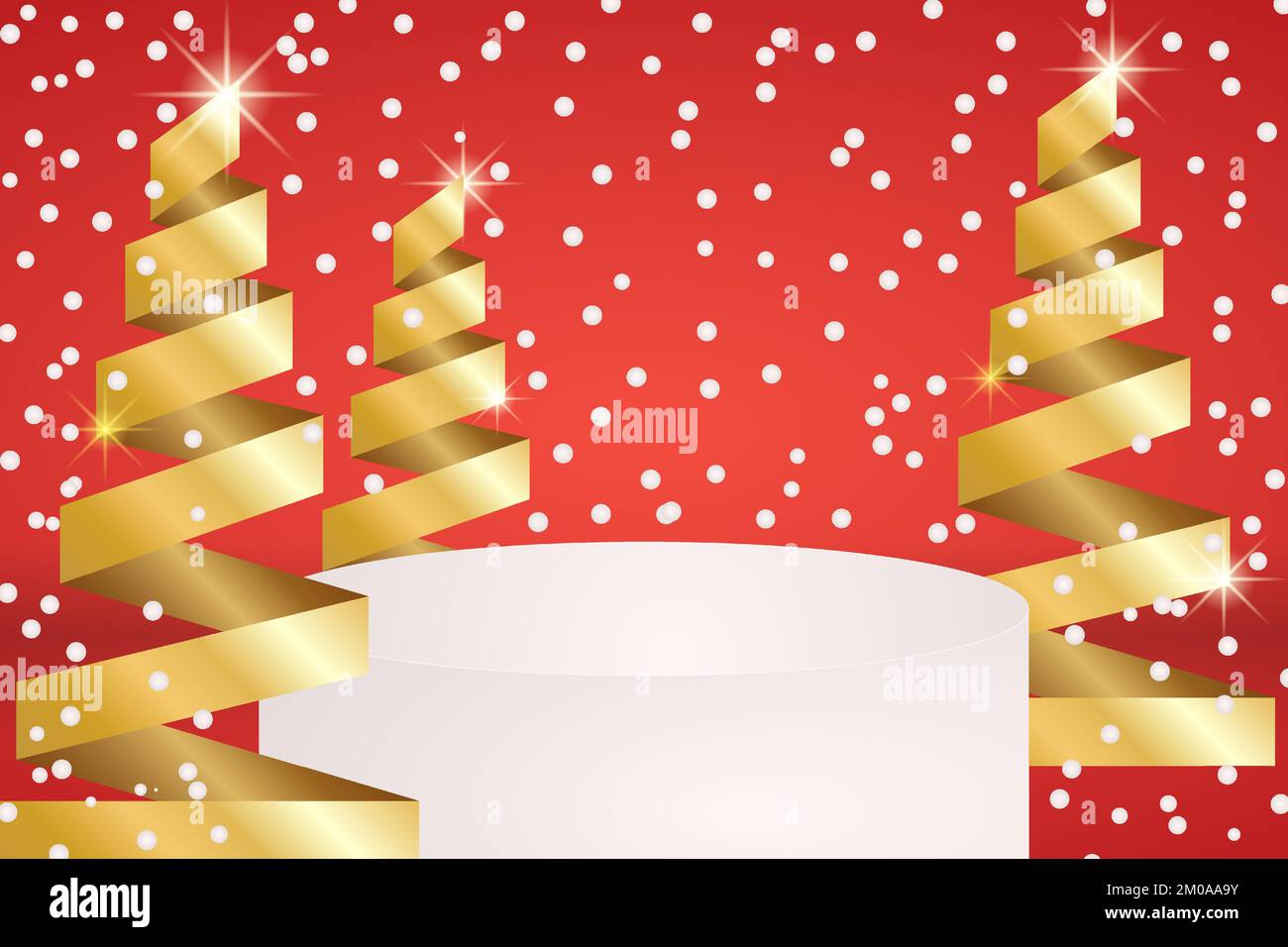 Luxuriöses Stehpodium in Rot und Gold mit abstraktem Weihnachtsbaum und herabfallendem Schnee. Vector-Studio-Zimmer mit 3D-Plattform-Design. Festliche Modellszene Stock Vektor