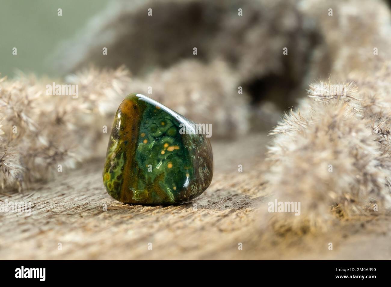 Ocean Jasper Fallbled Juwel Stone auf Holzhintergrund. Jasper wird zur Verzierung oder als Edelstein verwendet Stockfoto