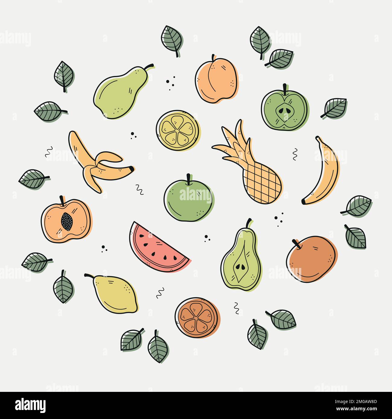 Zeichnen Sie Obst von Hand im Kritzelstil. Das Set enthält Symbole wie Apfel, Birne, Pfirsich, Ananas, Aprikose, Wassermelone, Zitrone, Orange, Banane. Stock Vektor