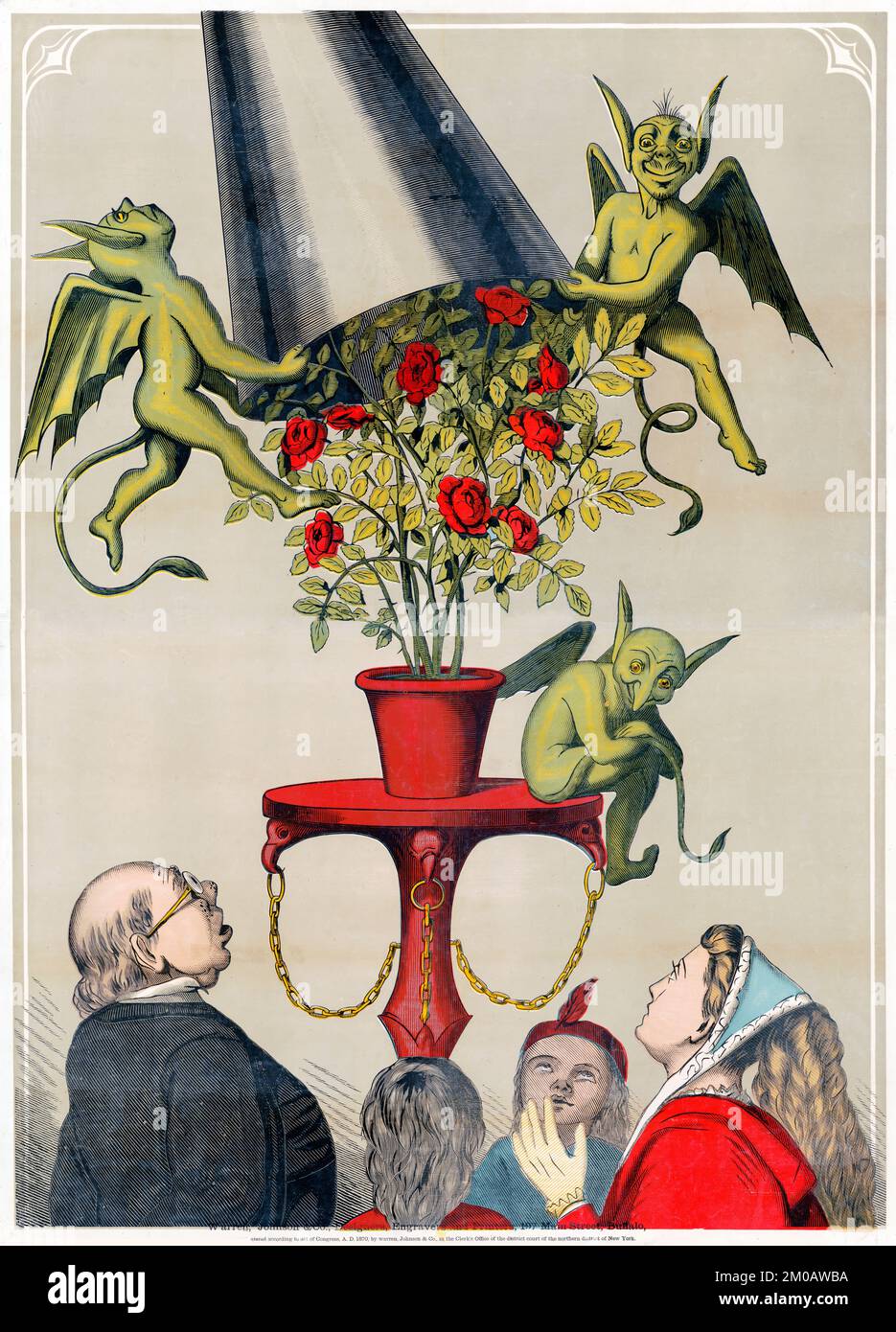Das Zirkus-Aktienposter zeigt vier Personen, die drei grüne Dämonen auf dem Sockel sehen und dabei den Rosenstrauß von Warren, Johnson & Co 1870 abdecken Stockfoto