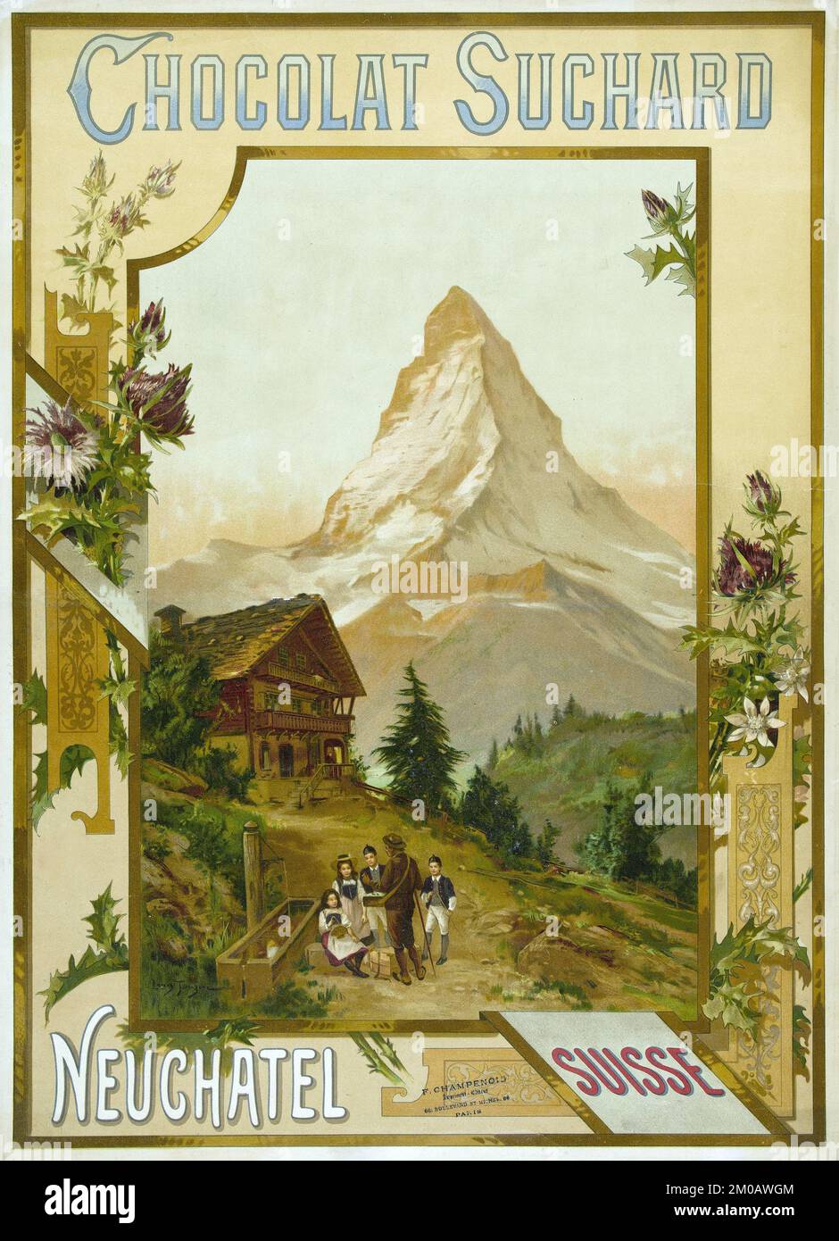 Chocolat Suchard. Neuchatel, Suisse – Werbetoster von Louis Tauzin 1895 Stockfoto