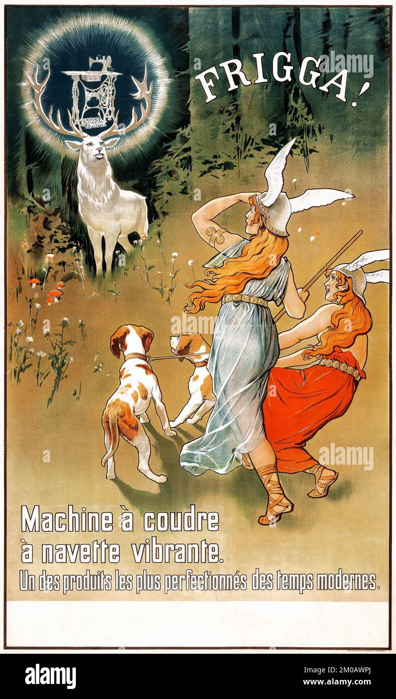 Frigga-Nähmaschinen (c. Anfang 1900er). Französisches Werbeplakat Stockfoto