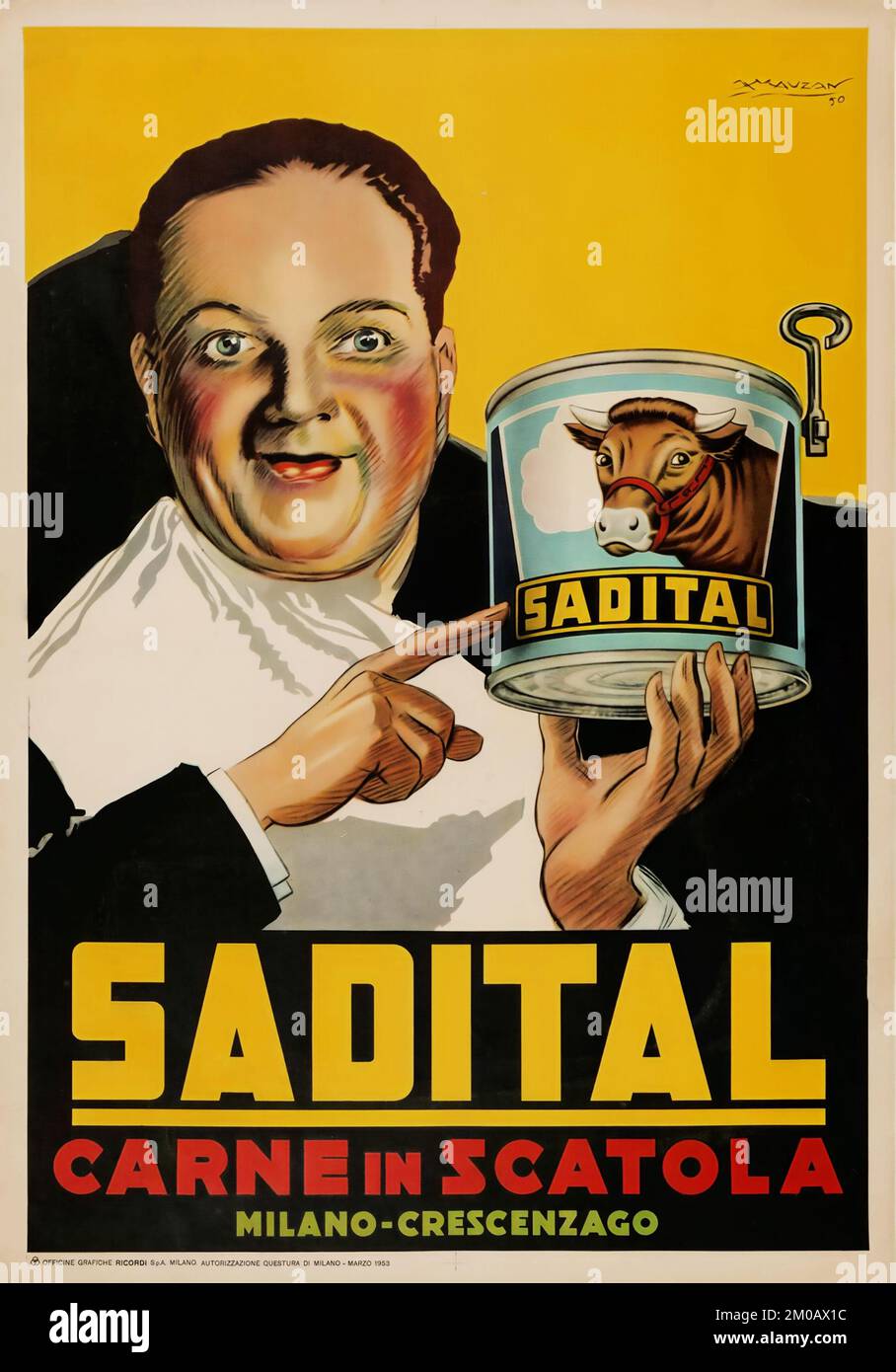 Oldtimer-Werbung 1950 - Achille Luciano Mauzan (1883-1952), SADITAL CARNE IN SCATOLA - Mailand - italienische Werbung Stockfoto