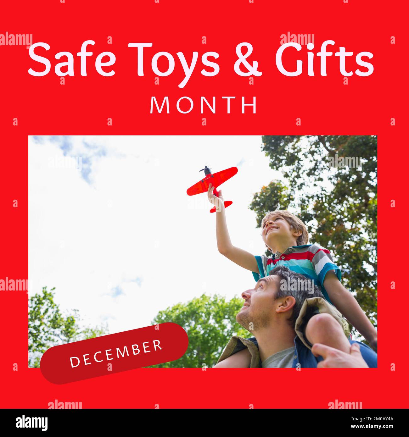Quadratisches Bild von sicheren Geschenken und Spielzeugen Text mit weißem Bild von Vater und Sohn auf rotem Hintergrund Stockfoto