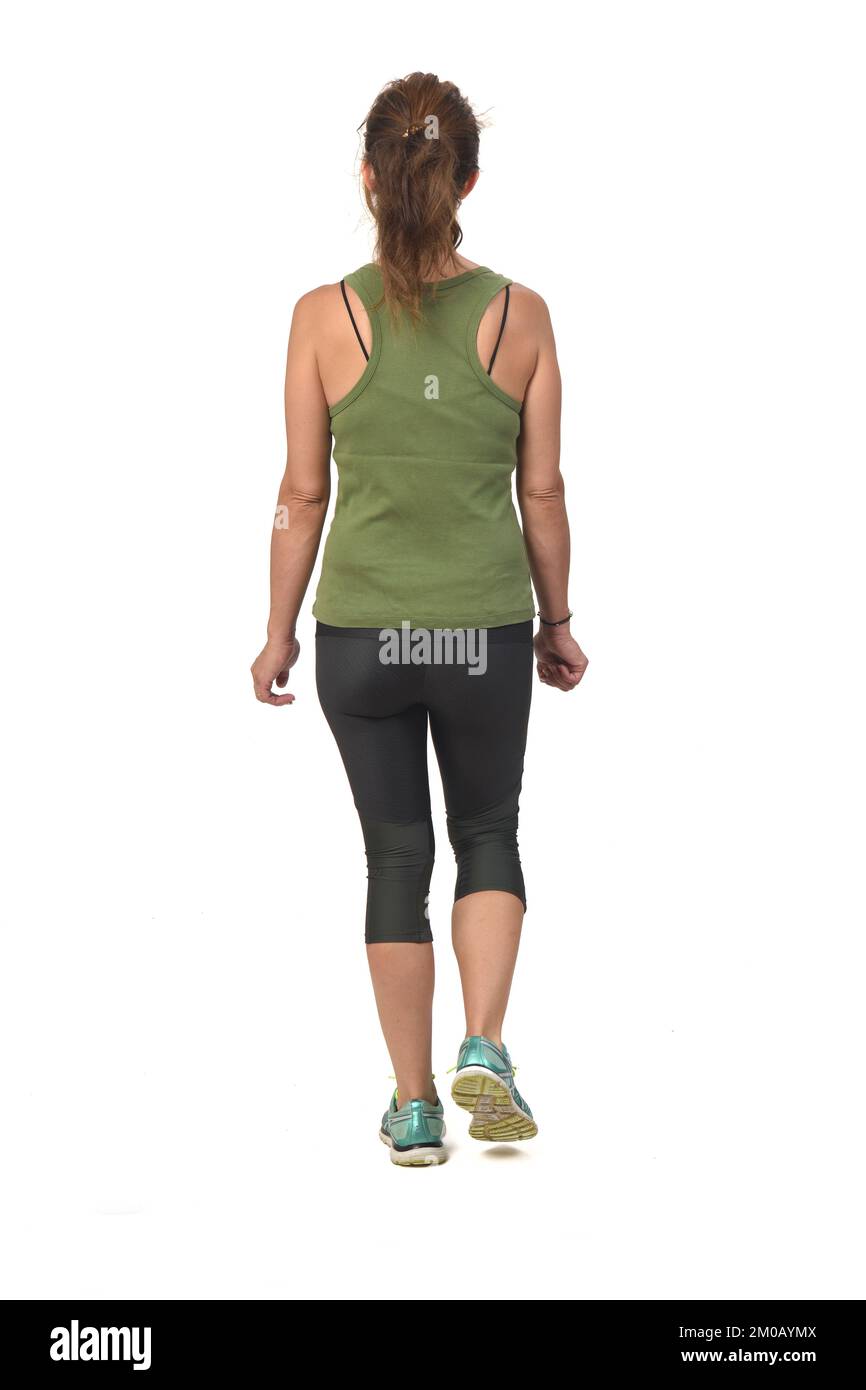 Rückansicht einer Frau mit Sportbekleidung auf weißem Hintergrund Stockfoto