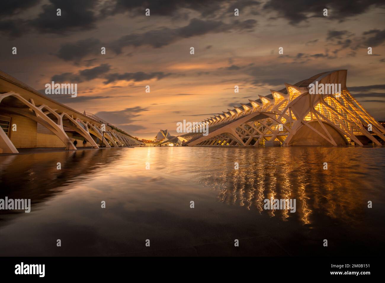 Die Stadt der Künste und Wissenschaften, Valencia, Spanien, beleuchtet bei Nacht, Reflexionen im Wasser. Stockfoto