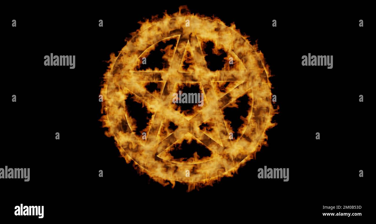 Flammendes rotes Pentagramm 3D Rendern, Pegan und okkultes Symbol Stockfoto