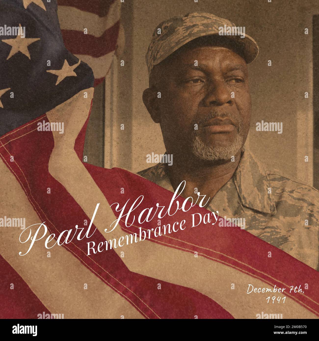 Pearl Harbor Remembrance Day, 7.. dezember 1941, mit der Flagge amerikas über dem afroamerikanischen Soldaten Stockfoto