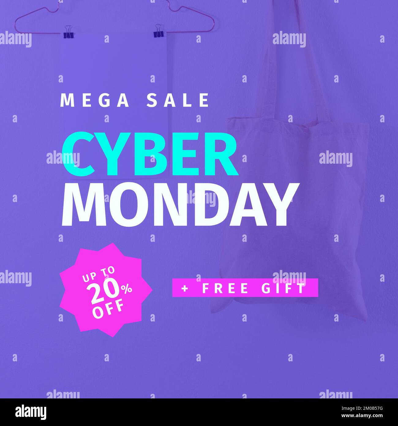 Quadratisches Bild des Mega-Sale-Angebots am Cyber monday mit kostenlosem Geschenktext über weißer Einkaufstasche Stockfoto