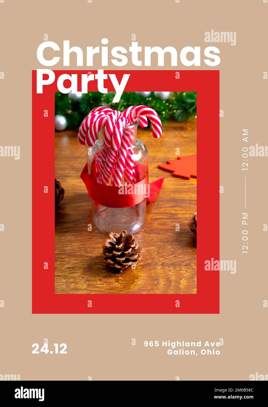 Quadratisches Bild mit Text für die weihnachtsfeier und zuckerstangen im Glasbehälter Stockfoto
