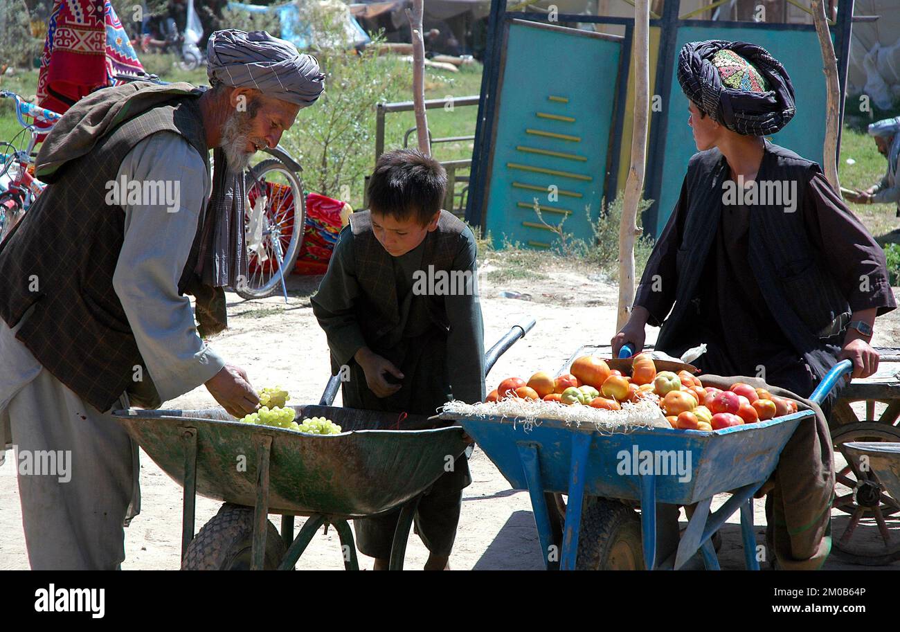 Dorf in der Nähe von Bala Murghab, Provinz Badghis/Afghanistan: Ein junger Mann und ein Junge verkaufen in diesem abgelegenen Dorf in Afghanistan Obst aus Schubkarren. Stockfoto