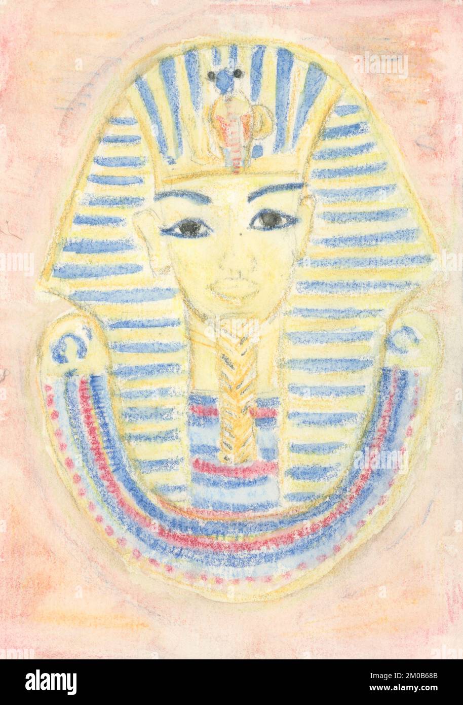 Goldene Maske des ägyptischen pharaos, handgezeichnet. Tutanchamun-Pharao aus dem alten Ägypten. Aquarelldarstellung. Stockfoto