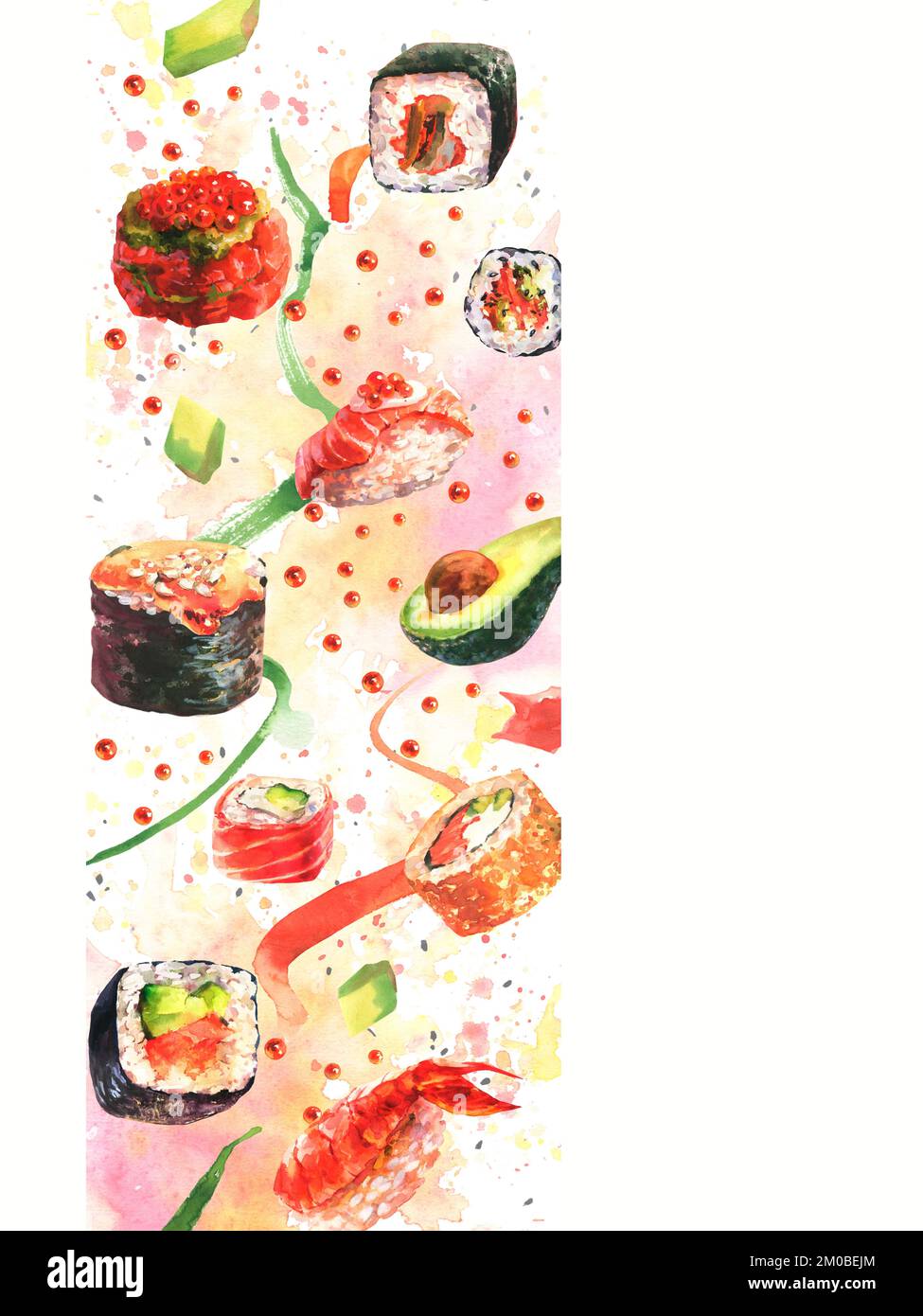 Aquarellmuster mit Sushi. Abstrakter Lebensmittelhintergrund, vertikales Format. Fliegendes Sushi, Brötchen und Sushi-Zutaten, isoliert auf Aquarell-Backgro Stockfoto