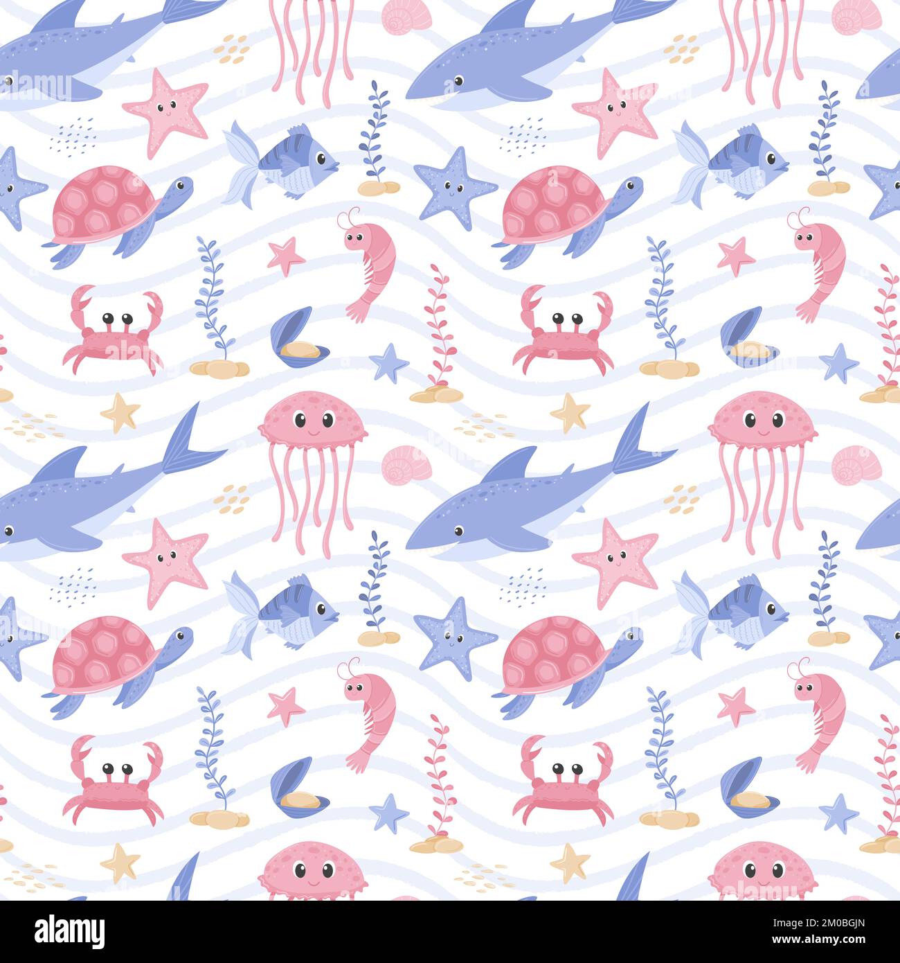 Nahtloses Muster mit Haien, Schildkröten, Fischen, Krabben und Garnelen. Süße Zeichentrickfiguren. Unterwassertiere, Algen und Muscheln.Vector illustr Stock Vektor